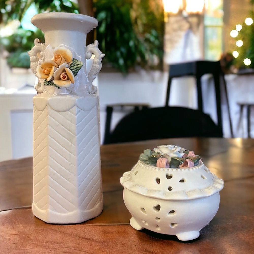 Rare, Vintage, Ceramic Flower Vase & Trinket Box
